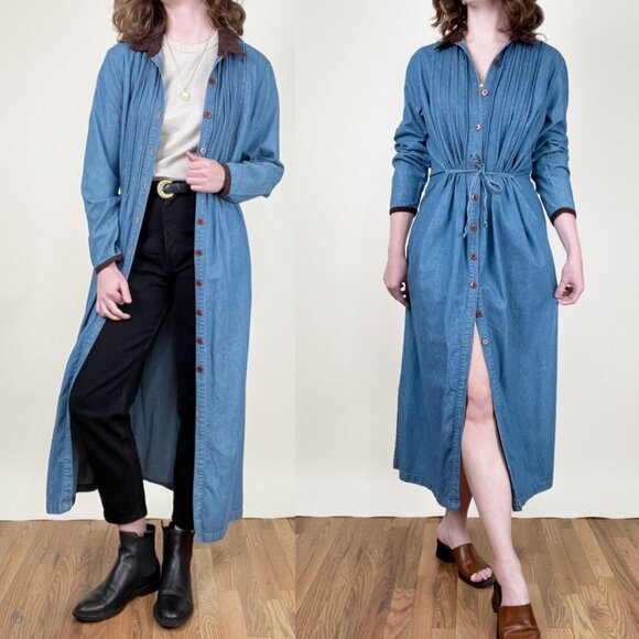 Vintage Denim Jean Midi Maxi Dress Pleated Long Duster Jacket Coat Cottagecore - Picture 10 of 10